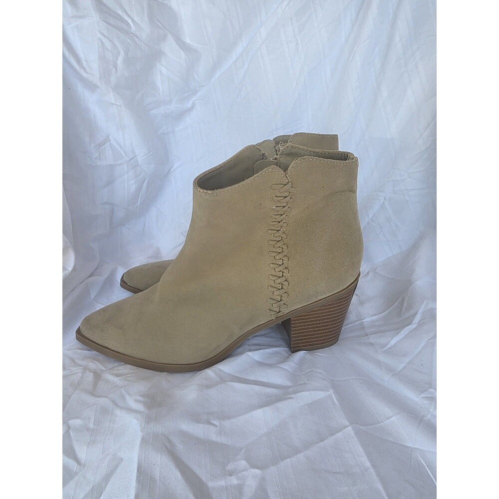 MIA Beige Suede Ankle Bootie Pointed Toe Zip Block Heel Braided Women's 6